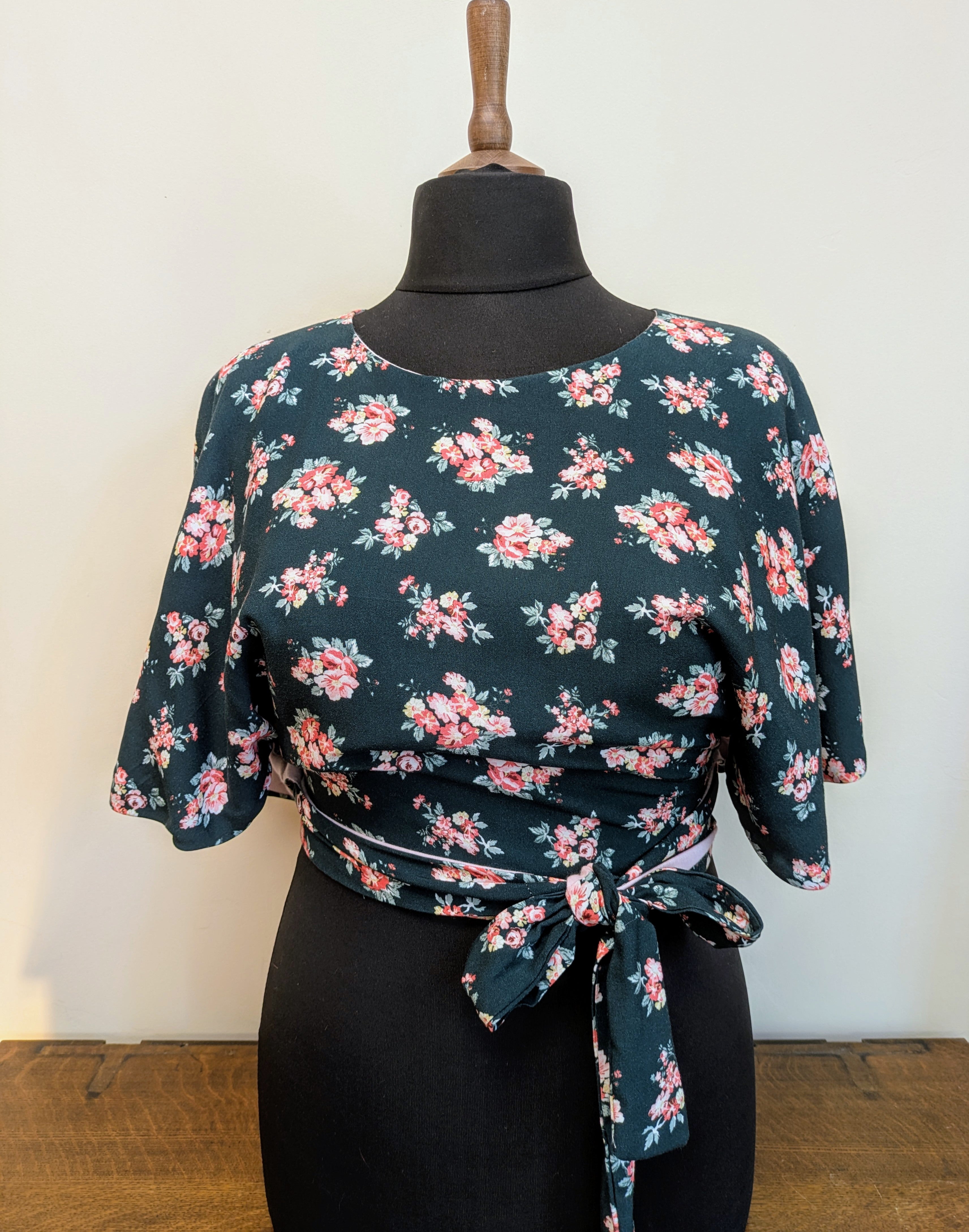 Deep green and pink floral butterfly top