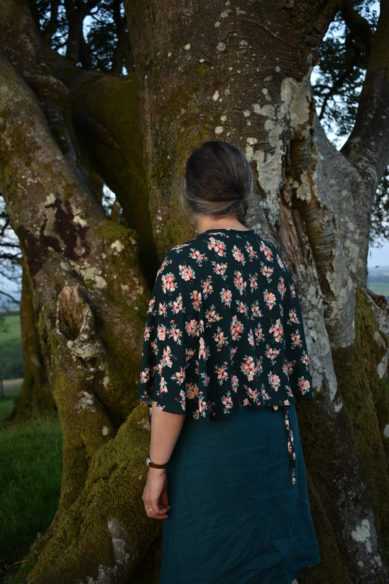 Dark green and pink floral wrap cape