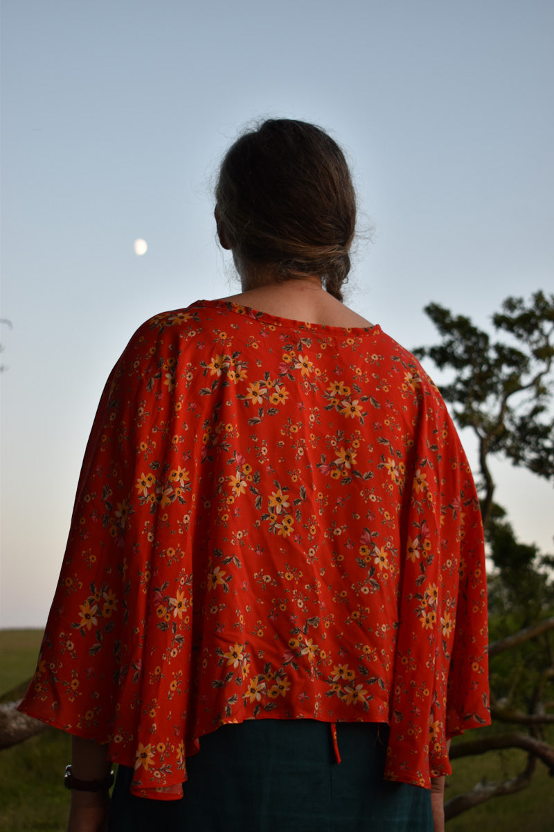 Red floral wrap cape