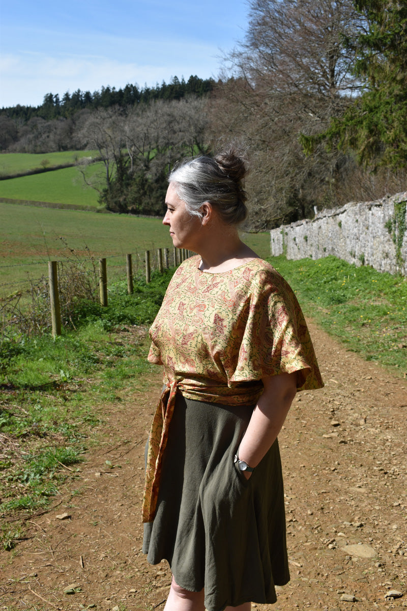 Reversible Bronze floral and gold paisley butterfly top